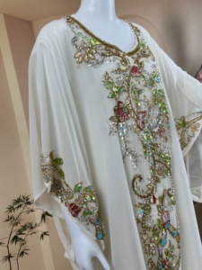 Abaya Musulmana in Due Pezzi in Chiffon e Raso <span class=keywords><strong>Bianco</strong></span> con Ricami e Perline, <span class=keywords><strong>Vestito</strong></span> Lungo Arabo per Donne a Prezzo di Fabbrica - Product Image 1