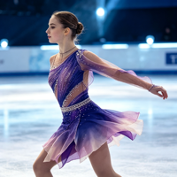 Robe de patinage artistique à manches longues en maille, dégradé violet, asymétrique à une épaule, avec ceinture à strass et dos ajouré à anneaux, pour la compétition