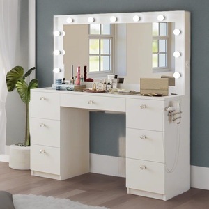 Vẻ đẹp cổ điển cửa hàng lớn Kim Cương Vanity bàn trang điểm bảng dành cho người lớn gỗ thắp sáng trắng mặc quần áo <span class=keywords><strong>make</strong></span> up bảng với Glass Top - Product Image 1