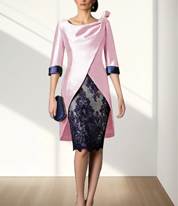 <span class=keywords><strong>Vestido</strong></span> de <span class=keywords><strong>Dos</strong></span> <span class=keywords><strong>Piezas</strong></span> para Madre de la Novia Mumuleo, <span class=keywords><strong>Vestido</strong></span> de <span class=keywords><strong>Invitada</strong></span> de Boda, Largo hasta la Rodilla, Satén con Encaje, Chaqueta de Manga 3/4, Vestidos con Bloques de Color - Product Image 4