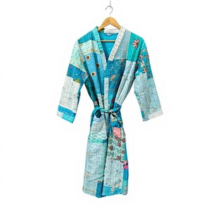 Women's Full Length Quilted Kantha <b>kimono</b> Patchwork Robe V-Neck Three Quarter <b>Sleeve</b> Cotton Soft Casual Sleepwear Spring Wear - Product Image 1