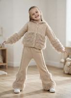 Ensemble d'hiver en laine tricotée de qualité supérieure, deux pièces, cardigan à capuche en laine avec empiècements, pantalon évasé orné de perles, idéal pour la promenade en forêt.