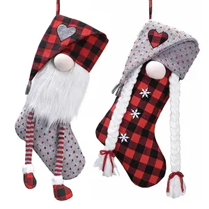 חג המולד 3D חסר פנים Gnome תליית דקור אפור אדום ושחור באפלו משובץ הרגיש סרוג סנטה חג מולד גרב