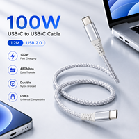 Câble USB-C vers USB-C 100W 1,2M 5A PD à charge rapide, embout métallique, USB 2.0, tressé en nylon, câble de données USB-C, OEM ODM, logo personnalisé