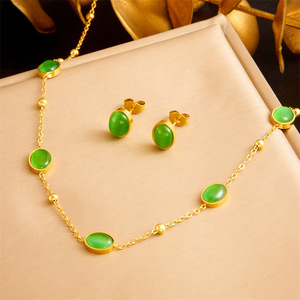 Emerald Jewelry <b>Set</b> Oval Geometric Bezel Setting Stainless Steel Necklace Earrings <b>Bracelet</b> Women's Everyday Wear - Product Image 2