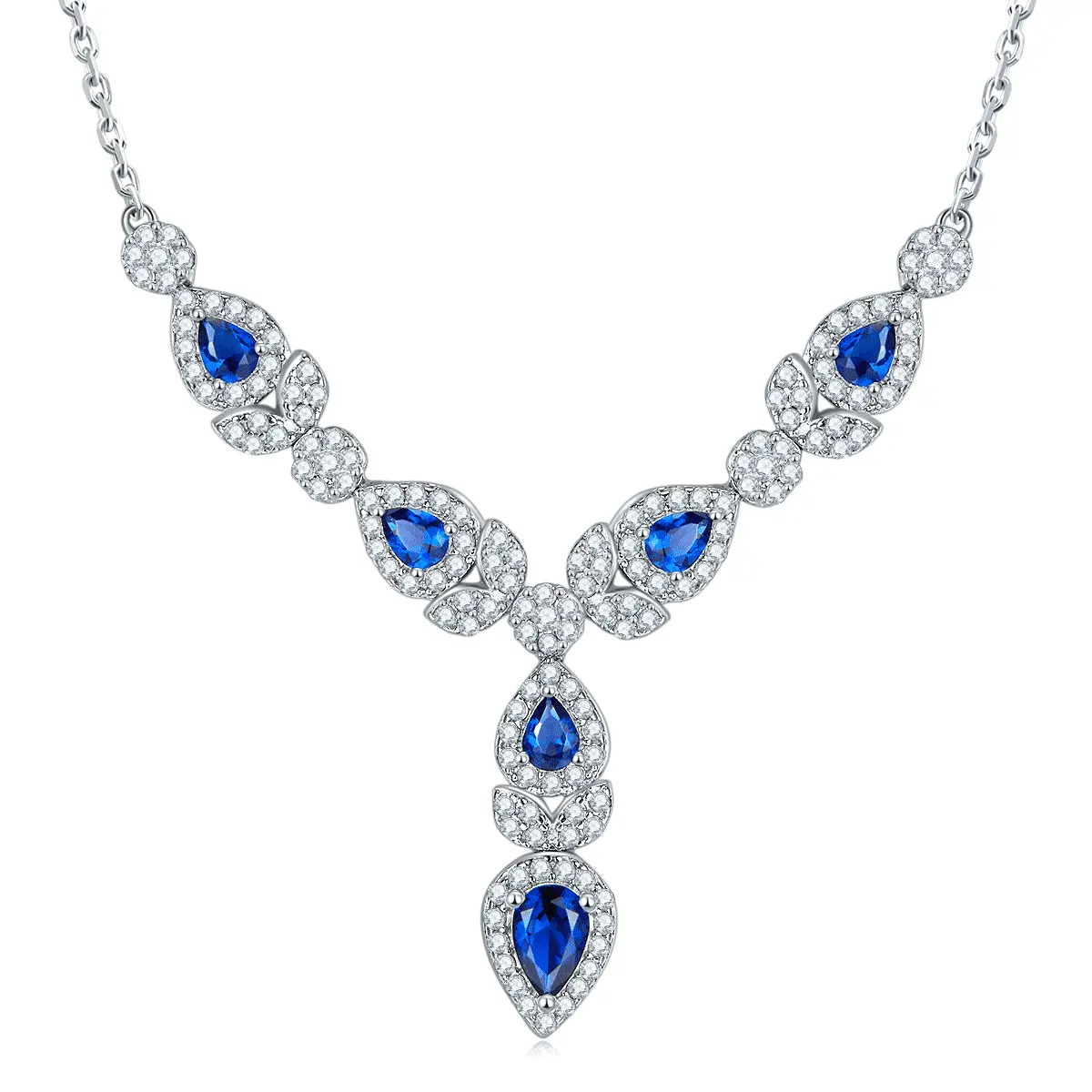Colar de cristal de zircônia azul profundo para casamento e noivado, joia de prata esterlina 925, moda europeia, joia da moda