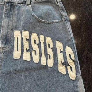 Custom Embroidered Patches Logo Manufacturer Raw Hem Cut Edge Distressed Streetwear Hip Hop Cargo Jean <strong>Shorts</strong> for Men - Product Image 5