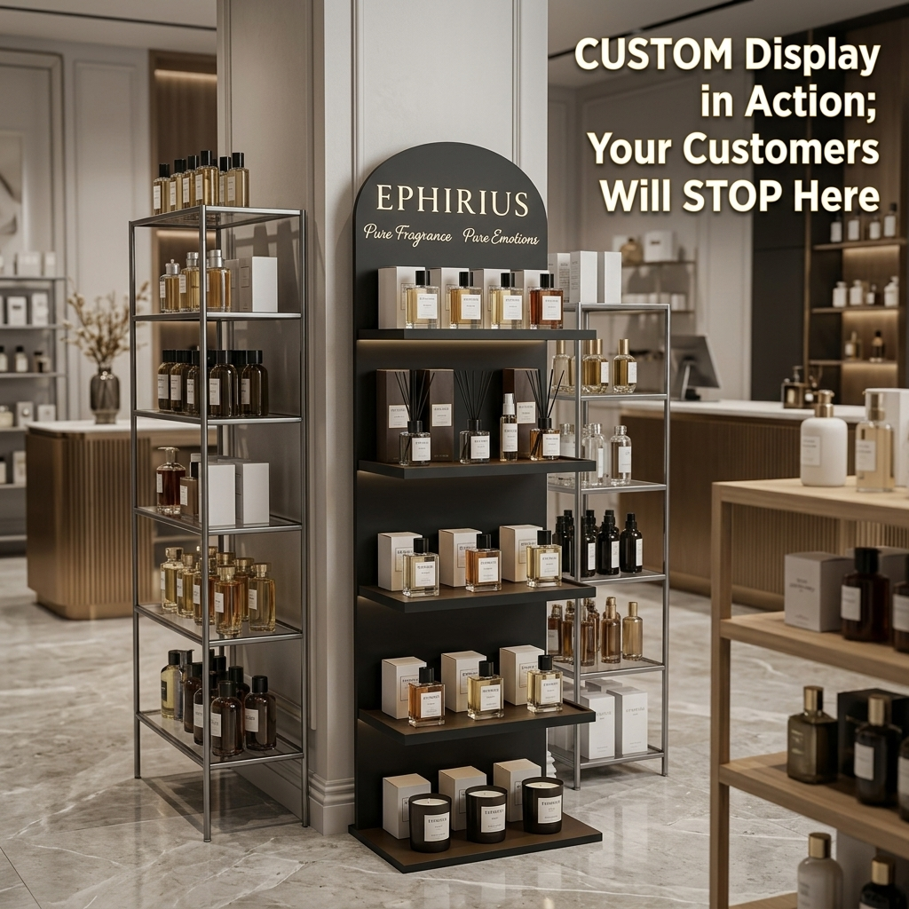 Wholesale Custom Luxury Wooden Reed Diffuser Display Stand Fragrance Essential Oil Rack with LED Lights Retail Boutique Shelf — view 2