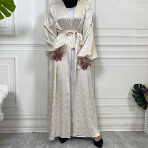 1950# New Arrival Printed Satin Open Abaya With Feather Cuff Long Sleeve Abaya Kimono With Belt 7 Colors - Product Image 6