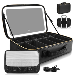 Sac de rangement cosmétique portable avec miroir LED <span class=keywords><strong>rechargeable</strong></span>, étanche, 3 couleurs (noir), grande capacité, avec fermeture éclair - Product Image 1