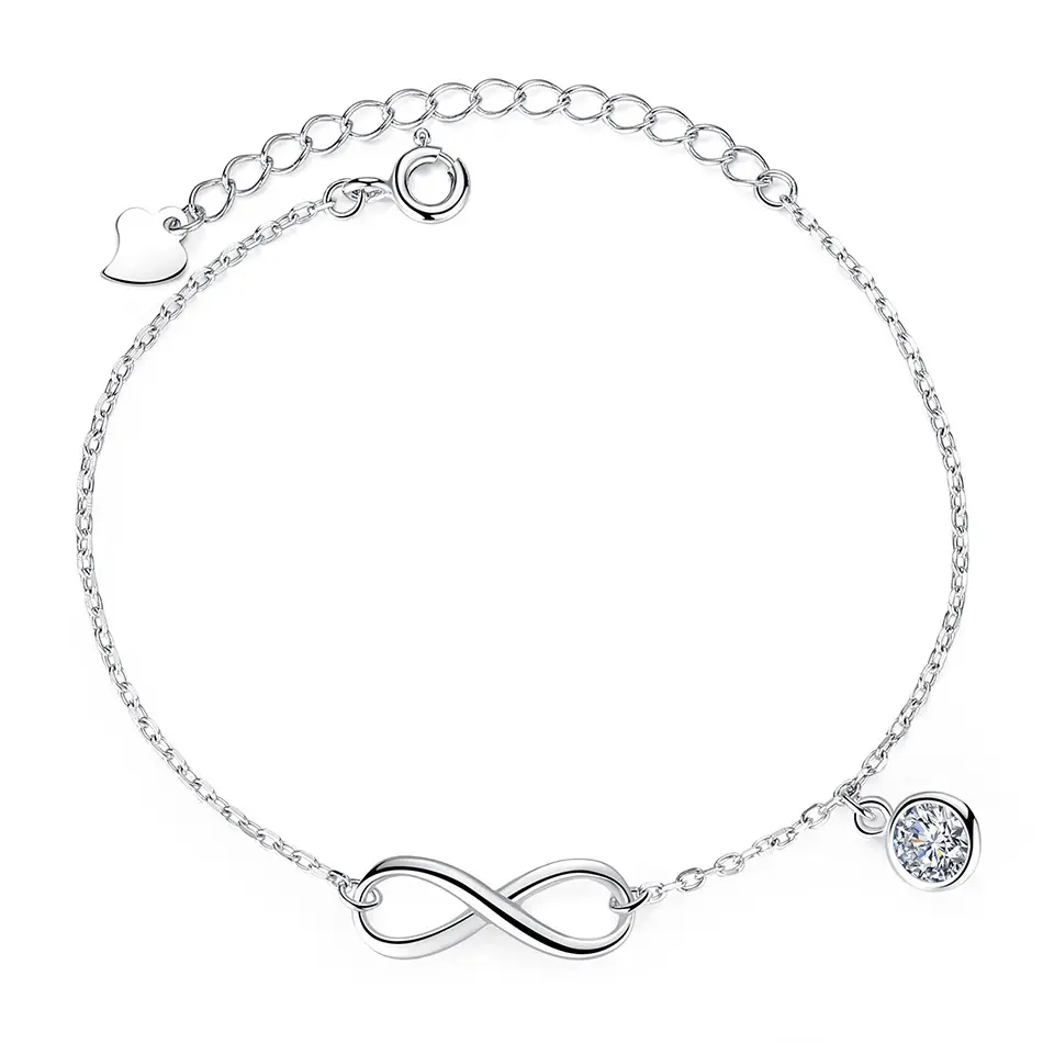 Simple 925 Sterling Silver Austria Zircon Infinity Sign Charm Bracelet for Women