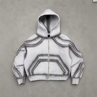 Proveedor de sudaderas con capucha lisas de alta calidad OEM, unisex, grises, negras y blancas a rayas, de algodón de 430 g/m², con lavado ácido, múltiples bolsillos, corte holgado y cremallera.