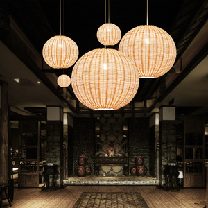 Lampe suspendue japonaise Zen en rotin, ronde, E27, LED, à tête unique, pour restaurant, salon de thé, hôtel, escalier, maison d'hôtes - Product Image 2