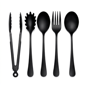Ensemble de couverts 5 pièces noir mat avec pinces, spatule, cuillère, fourchette, ustensiles de service pour la restauration, design minimaliste, compatible lave-vaisselle - Product Image 1