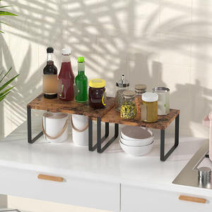 4-Piece Wood+Metal Non-Folding <b>Kitchen</b> Countertop Cabinet Desktop Shelf Riser Stackable Extensible <b>Rack</b> <b>Storage</b> <b>Rack</b> - Product Image 4