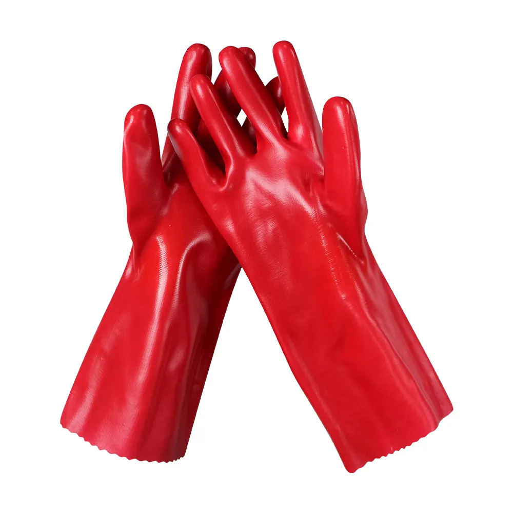 Venta al por mayor de manga larga guante de PVC rojo aceite ácido resistente a productos químicos doble agarre guantes de trabajo de seguridad