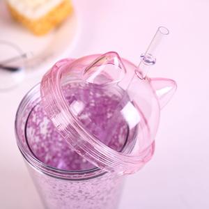 O269 Gelas Kartun Sequin Kreatif Twinkl Dinding Ganda untuk Kopi Teh Minuman Mug dengan Telinga Kucing Sedotan Plastik Sekali Pakai - Product Image 5