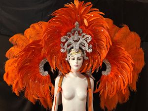 Costume de scène de célébration d'inauguration, costume <span class=keywords><strong>indien</strong></span> à plumes, coiffe exagérée, panneau arrière en plumes d'autruche, costumes de danse samba - Product Image 4