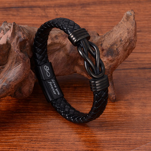 Black <b>Leather</b> Stainless Steel <b>Bracelet</b> Magnetic Twist Men's Everyday Wear 7.5 8.5 9 Inches Yiwu Origin - Product Image 1