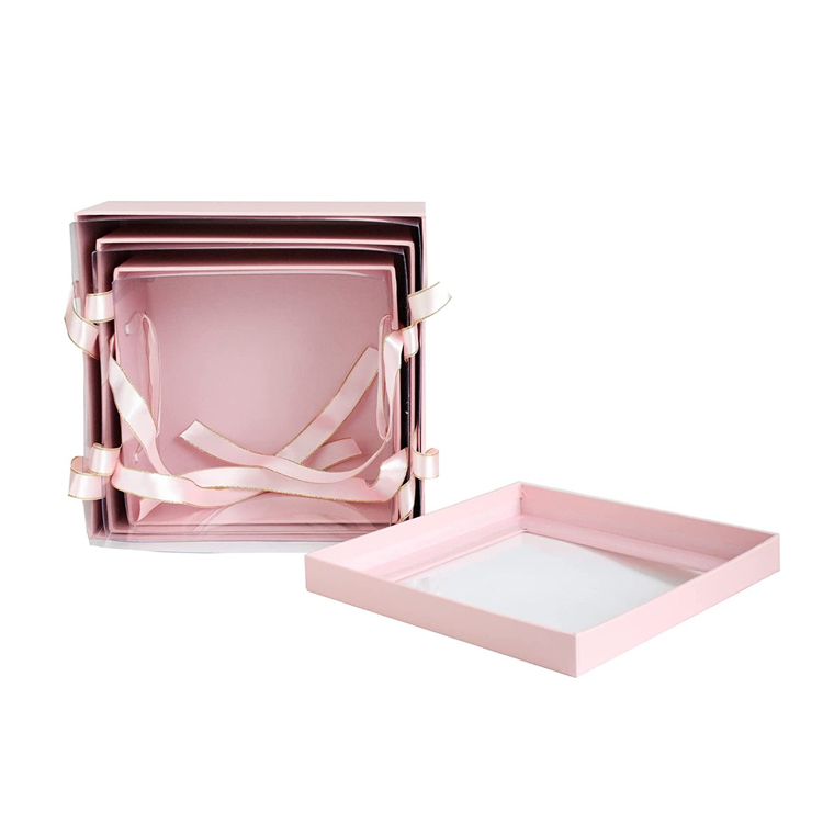 Luxury Square Presentation Gift Box White Print with Transparent Top Double Layer Interior White and Gold Satin Ribbon Handles