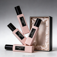 Flacon de parfum en verre rectangulaire rose de luxe, vide, avec bouchon carré noir brillant, bouchon personnalisé et coffret cadeau