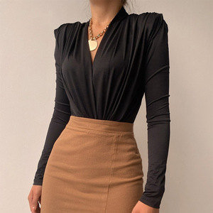 European American Style Women's V Neck Long Sleeve Bodysuit Solid Color Knitted Wrap <b>Tie</b> Blouse Everyday Wear FD9217 - Product Image 4