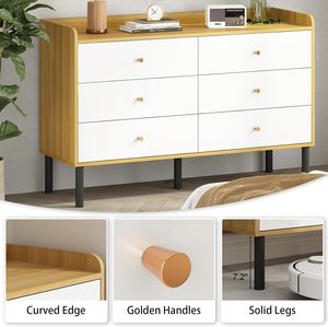 <span class=keywords><strong>Commode</strong></span> en bois naturel large à <span class=keywords><strong>6</strong></span> <span class=keywords><strong>tiroirs</strong></span> avec poignées métalliques, design moderne et écologique pour chambre, couloir, entrée, salon, hôpital - Product Image 2