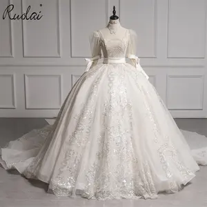 ZW00089 Hot Sale Brilliant Long Sleeve Square Collar Ball Gown Wedding Gowns Sequined Beading Sashes Bridal Wedding Dress