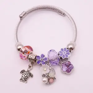 Pulsera de Cable de acero inoxidable para mujer, brazalete con cuentas de cristal de flor púrpura esmaltada, colgante de tortuga de circón Vintage