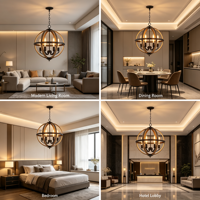 Lustre Globe Noir Effet Bois avec Anneau Lumineux Style Ferme et Ampoules Chandelles pour Salon, Salle à Manger, Chambre