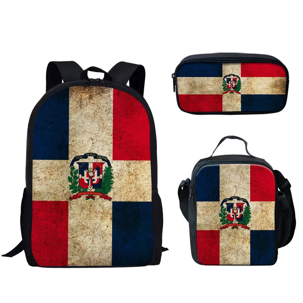 POD adedi 1 toptan çocuklar sırt çantası kanvas çanta dominik cumhuriyeti bayrağı baskı okul çantası setleri çocuklar için geri okul öğle yemeği çanta