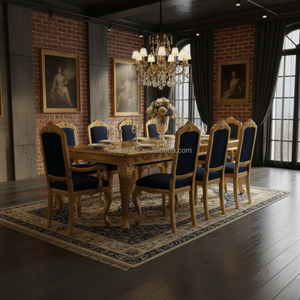 Ensemble de table à manger de luxe OE-FASHION de style baroque français, feuille d'or, bois massif, 8 places, chaises en velours bleu <span class=keywords><strong>royal</strong></span> pour villa, palais - Product Image 3