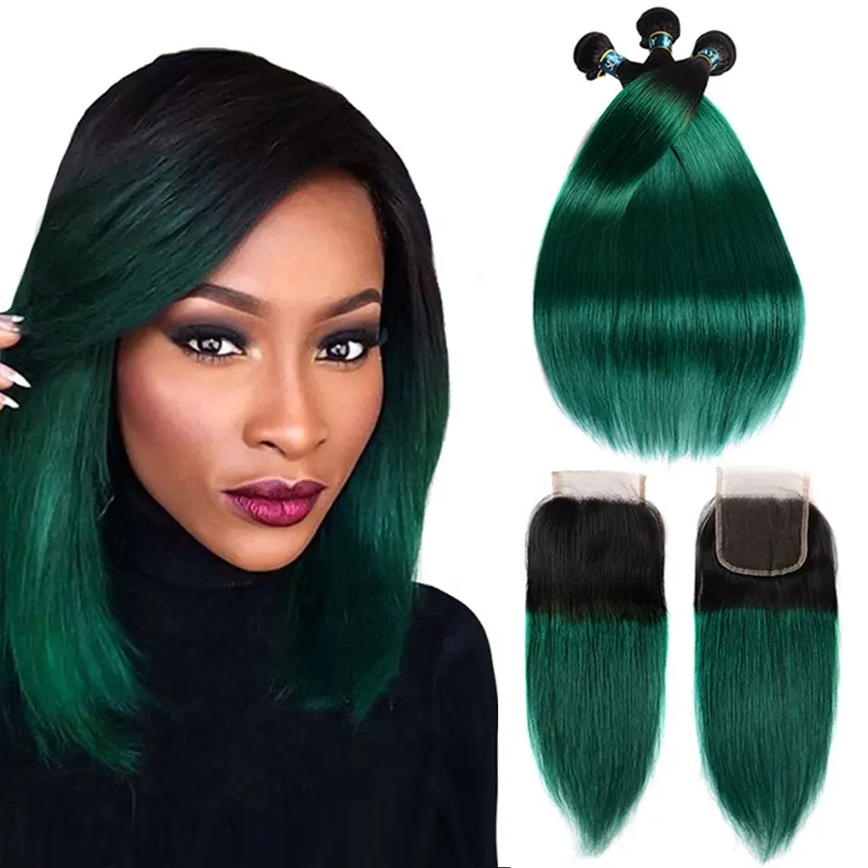 Straight Wave Mixed Color Human Hair Weave #1B/Green Ombre Two Tone Colored Bundles With Closure