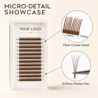 Extensions de cils 5D Flora Brown Cluster, 100% faites à la main, naturelles, douces, 0.07 DD LC 12mm, vente en gros, emballage personnalisable, logo