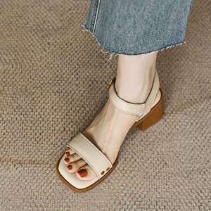 Vintage Chunky Heel Sandals Women Mid Heel Magic Strap Open Toe Backless <b>Soft</b> Leather <b>Shoes</b> - Product Image 2
