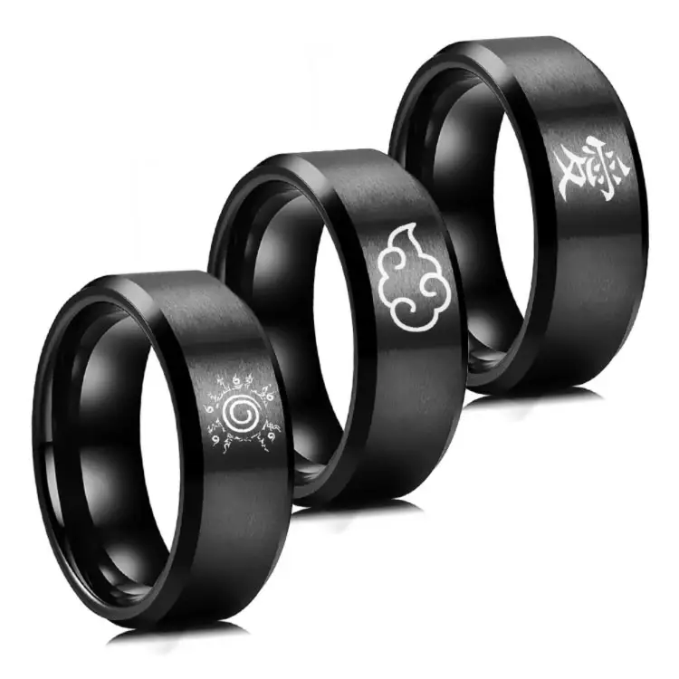 LWS33127 Anillos De Cristal Custom Pattern Classic Black Stainless Steel Fashion Cosplay Akatsuki Konoha Uchiha Anime Rings Men