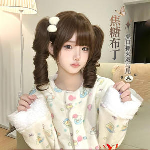 Perruque Lolita Caramel Pudding à double <span class=keywords><strong>queue</strong></span> <span class=keywords><strong>de</strong></span> <span class=keywords><strong>cheval</strong></span>, cheveux longs bouclés, coiffure complète avec pinces, style boucles printanières sans colle pour femme - Product Image 1