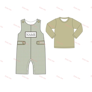 Personalizado bebé niño nombre Panel bordado Jonjon mameluco tejido Gingham niño pestañas laterales Longall bebé niño ropa <span class=keywords><strong>2025</strong></span> - Product Image 1