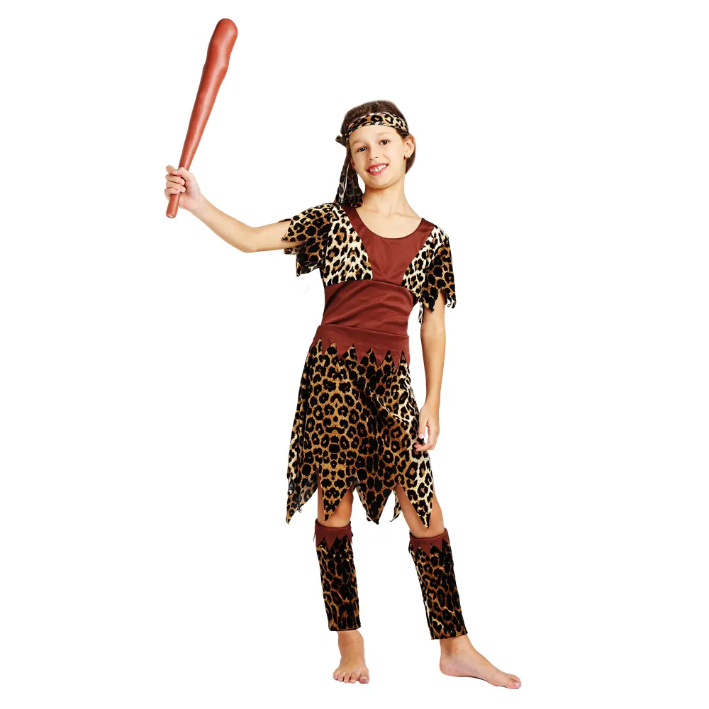 Carnival Halloween Cosplay Kids Lint Velvet Leopard Print Dress Native Girls Indians Costume