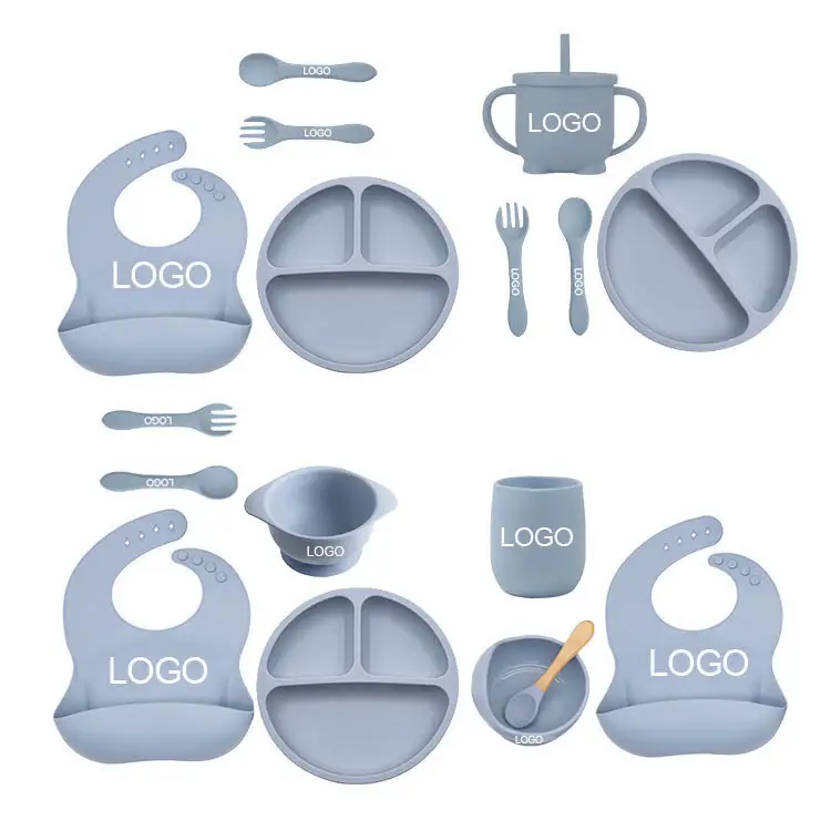 BPA المغذاة الحرة أدوات المائدة الغذاء درجة سيليكون الطفل مريلة ملعقة شوكة كوب وعاء مقسمة مجموعة الصحون لشفط