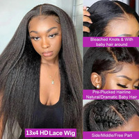 Nueva Moda Peluca de Cabello Humano Virgen Remy Kinky Liso con Encaje Frontal sin Pegamento, Peluca Completa con Encaje Frontal HD