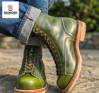 Bottes de travail pour hommes en cuir tanné végétal vert sur mesure, style western, souples, mi-mollet, à lacets, avec semelle Goodyear et bout renforcé