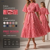 Robe midi décontractée personnalisée en polyester et coton pour femme, avec applique florale 3D, nœud à la taille, boutons sur le devant et manches bouffantes, coupe trapèze, idéale pour les fêtes