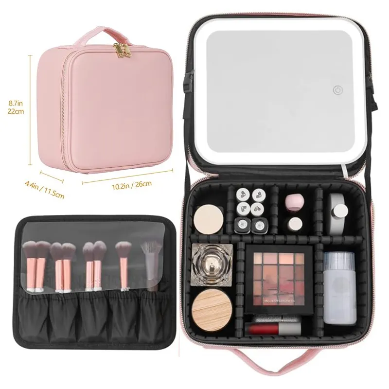 New Style 2022 Smart Led Cosmetic Case with Mirror PU Leather Box Dustproof Makeup Case with Adjustable Led Lights Mirror