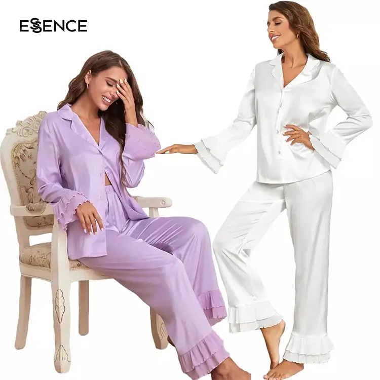 Inkeping Kraag Luxe Satijnen Pyjama Blouse En Ruche Zoom Broek Pj Set Elegante Zijden Bruidsmeisje Pyjama Set