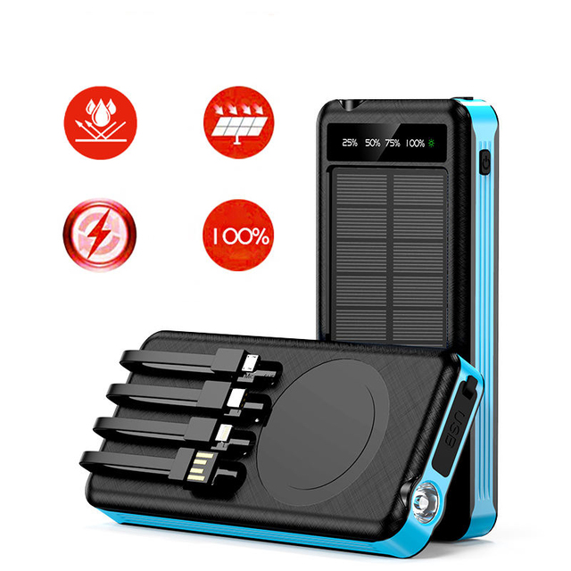 IP65 Certified Waterproof Solar Wireless Power Bank 10000mAh Built-in 4 Cables Compact 2W LED SOS Light Quick Charge Type-C