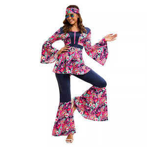 Women 70s Retro Hippie Disco <b>Dance</b> Costume Bohemian Flared Sleeve Skirt Outfit High Waist Breathable Party Jumpsuit - Product Image 2
