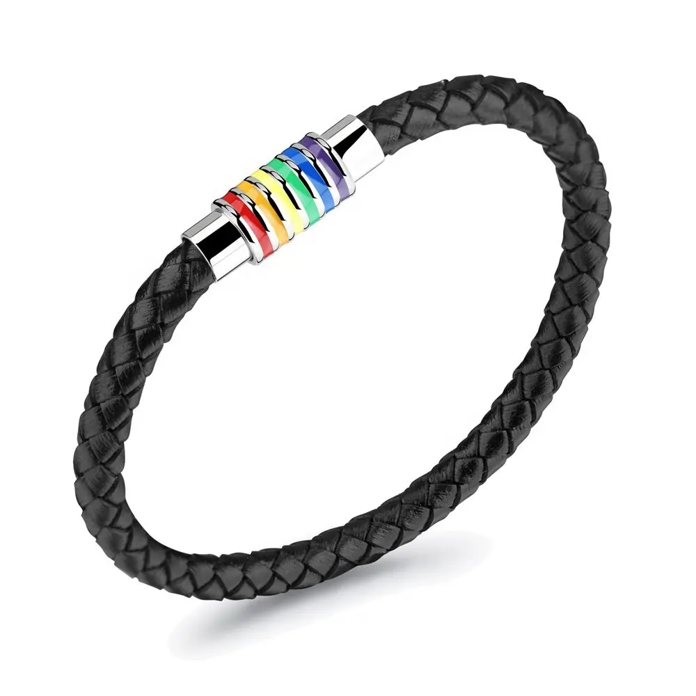 Bracelet toupie pour hommes et femmes, en cuir tressé noir, avec fermoir magnétique rayé arc-en-ciel, en acier inoxydable