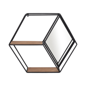 Mensola Esagonale da Parete in Metallo e Legno con Specchio per Soggiorno e Ingresso - Product Image 1