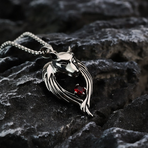 yunnique Stainless Steel Wolf Head Pendant <b>Necklace</b> With Red Zirconia For Men Hip Hop Style Gift Jewelry - Product Image 3